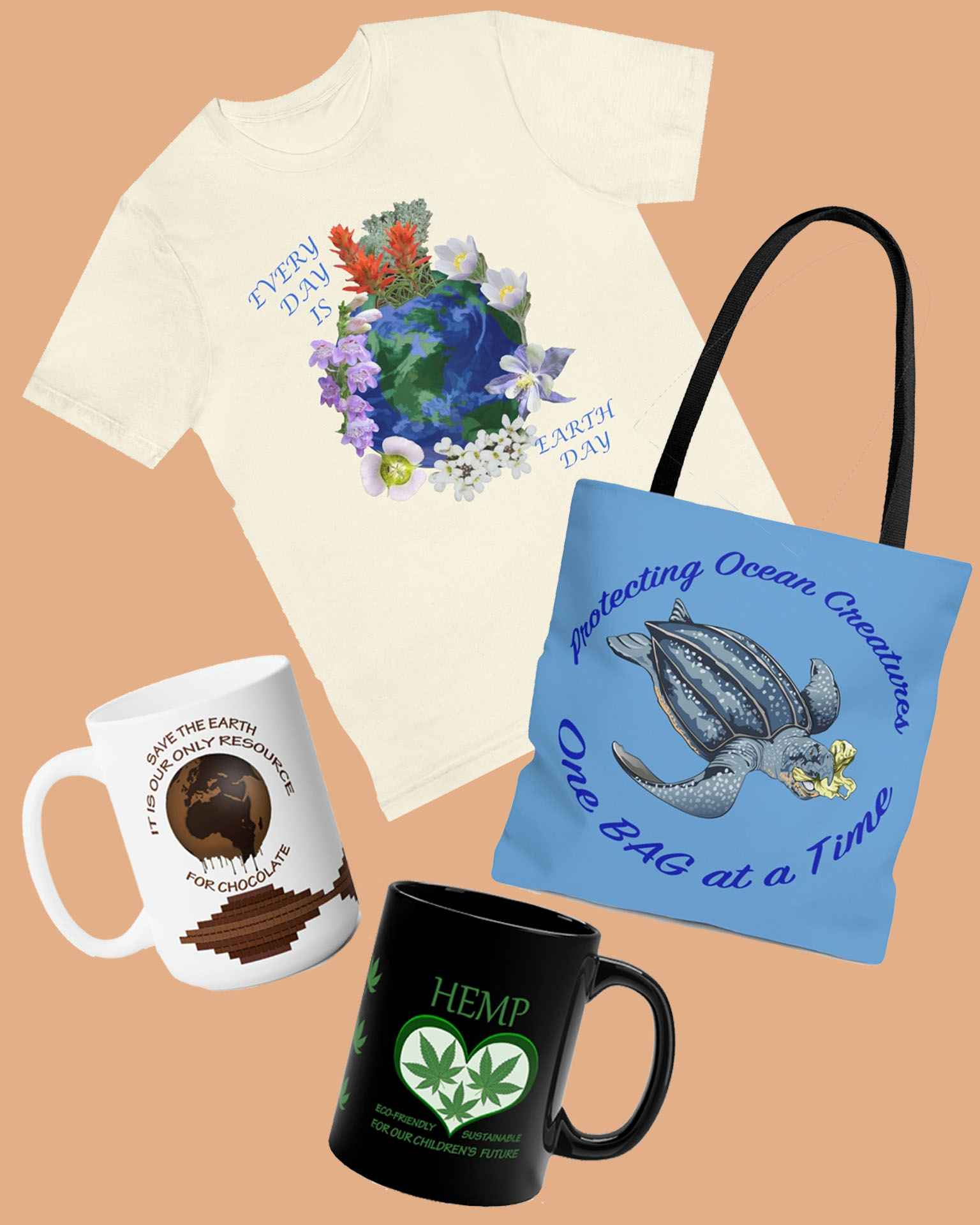 Flat lay of nature-themed t-shirt, tote bag and mug from HempEarthArt