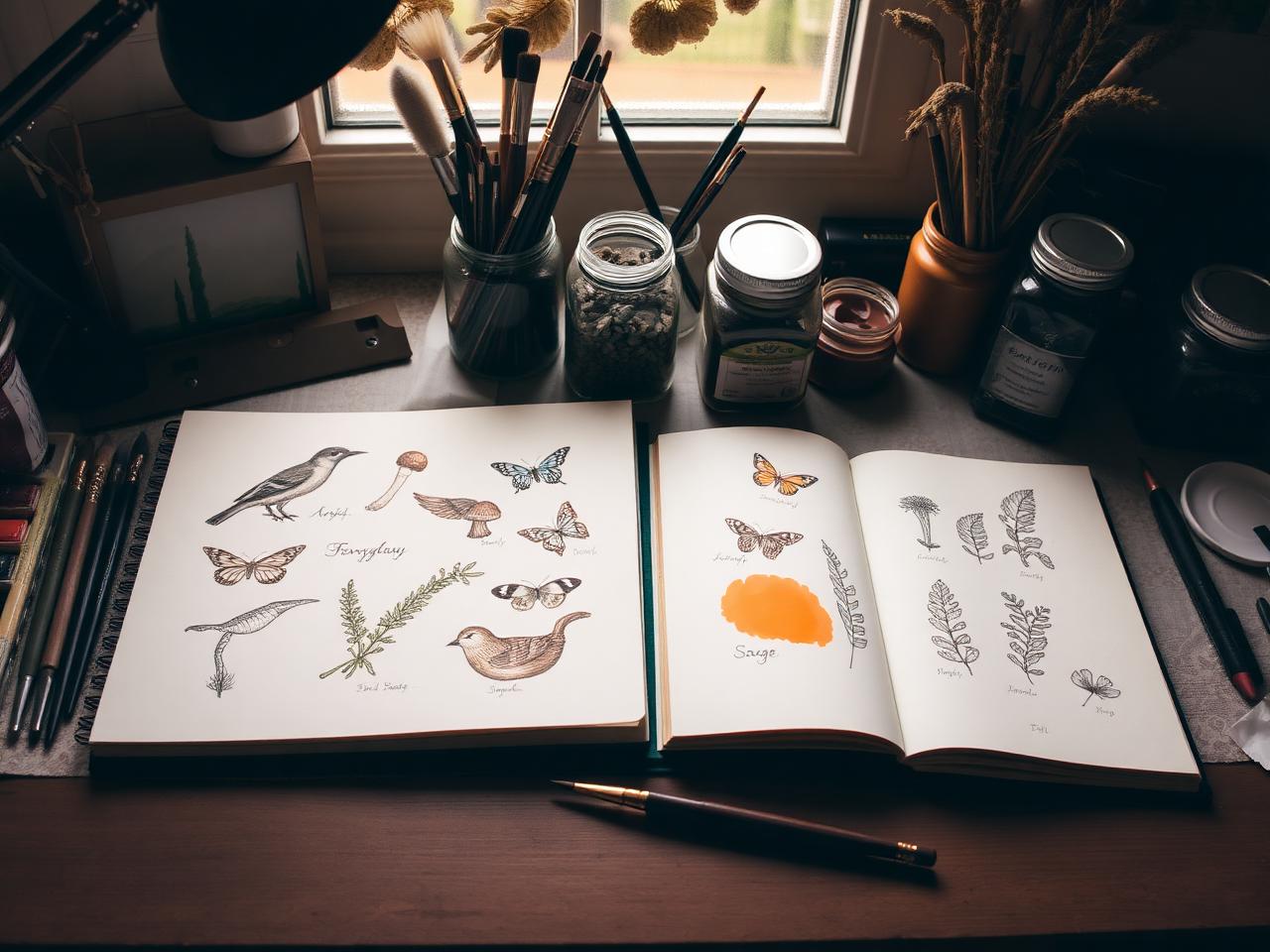 Sketchbook of nature illustrations in the HempEarthArt studio